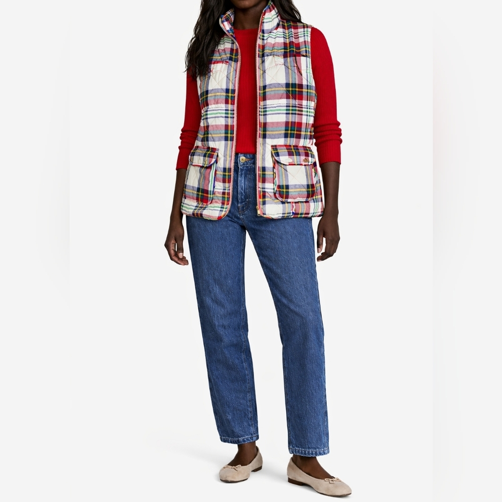 ST. JOHN'S BAY Quilted Plaid Puffer Vest | M | Red Ivory Tartan | Preppy Core